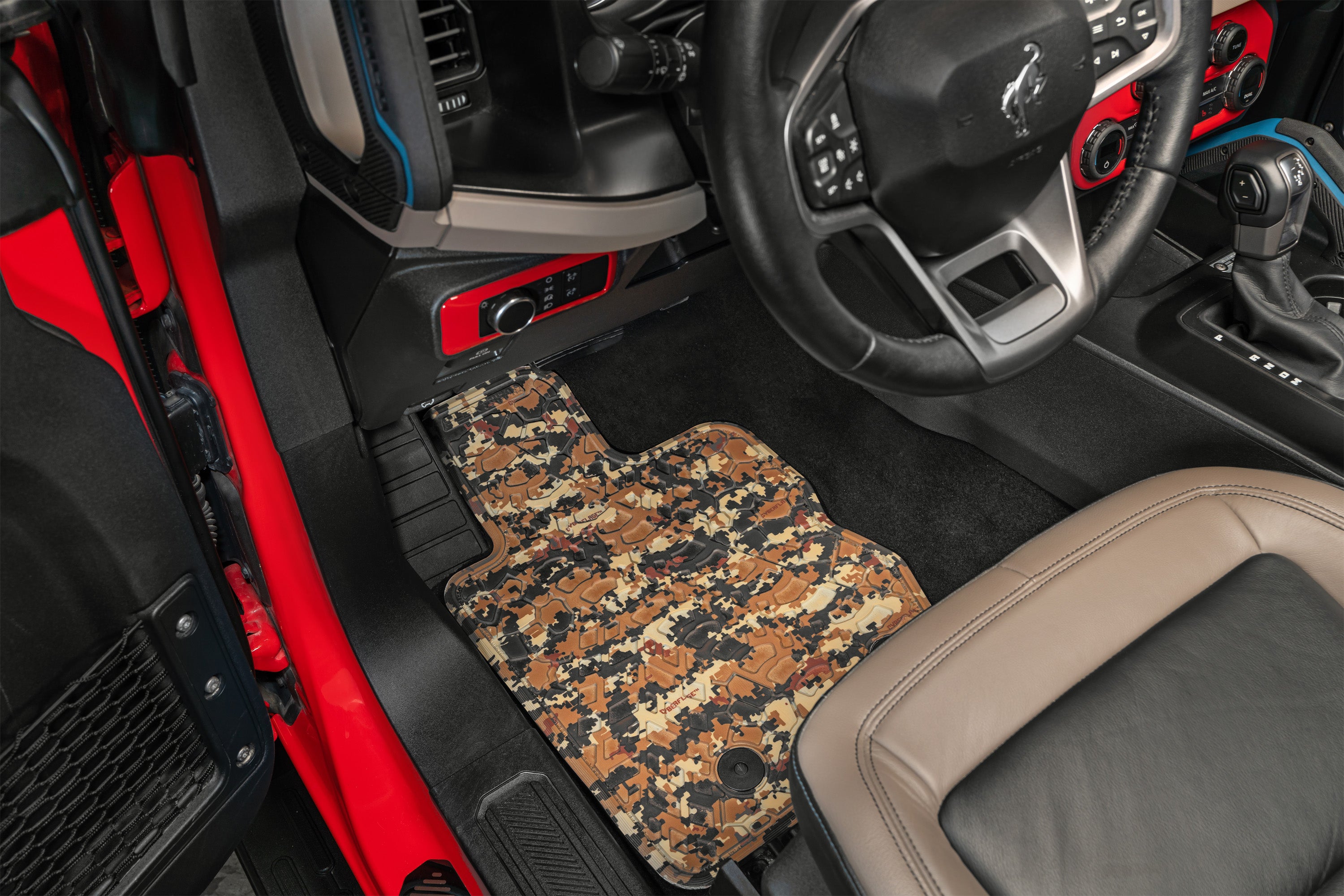 Bronco Floor Mats 21-23 Ford Bronco 2 Dr 4 Piece Tire Tread/Scorched Earth Scene - Cyberflage FlexTread