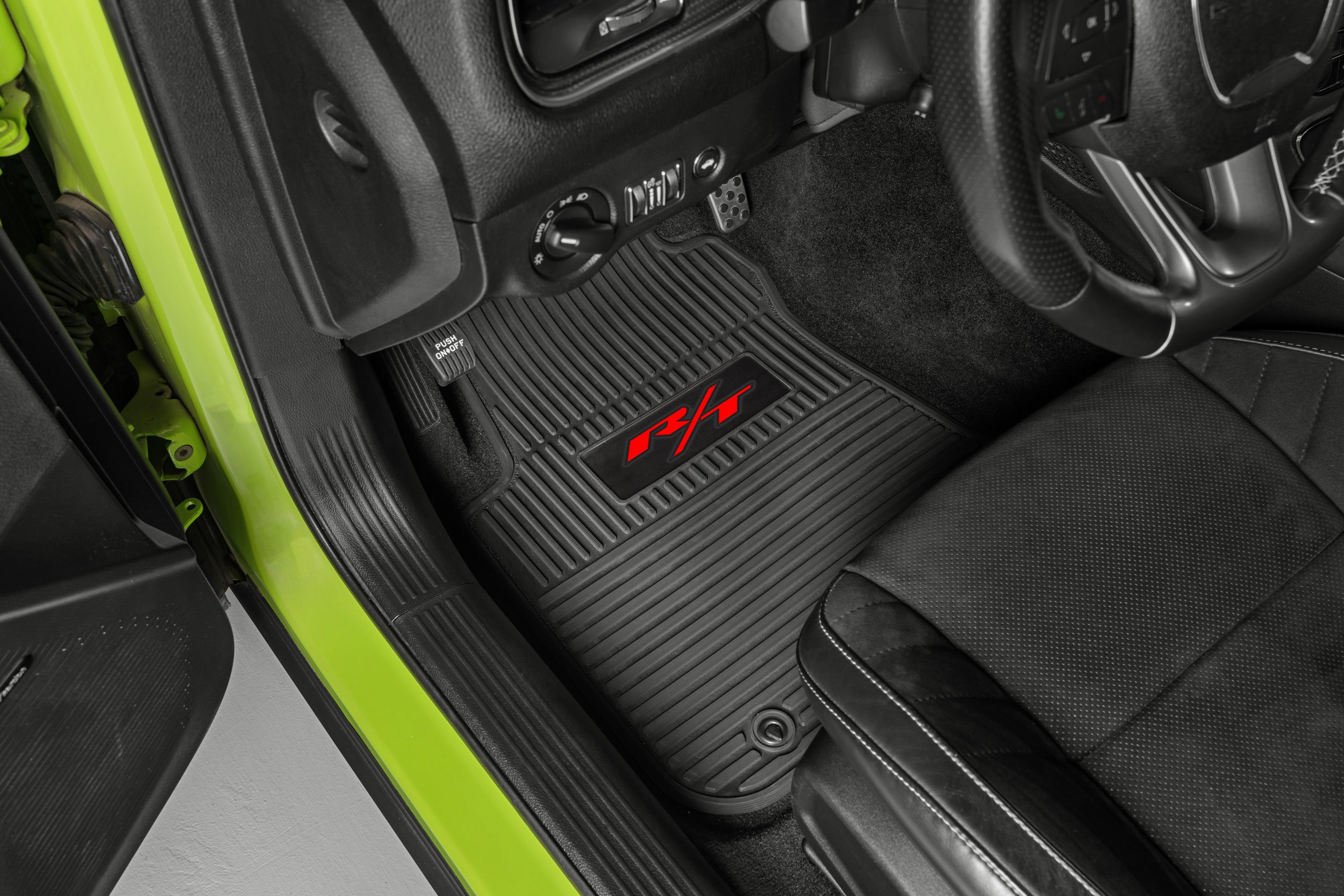 Charger Floor Mats 11-24 Dodge Charger RWD 4 Piece Custom Vintage Scene w/ R/T (2015-Current) Insert - Black w/ Lime Insert FlexTread