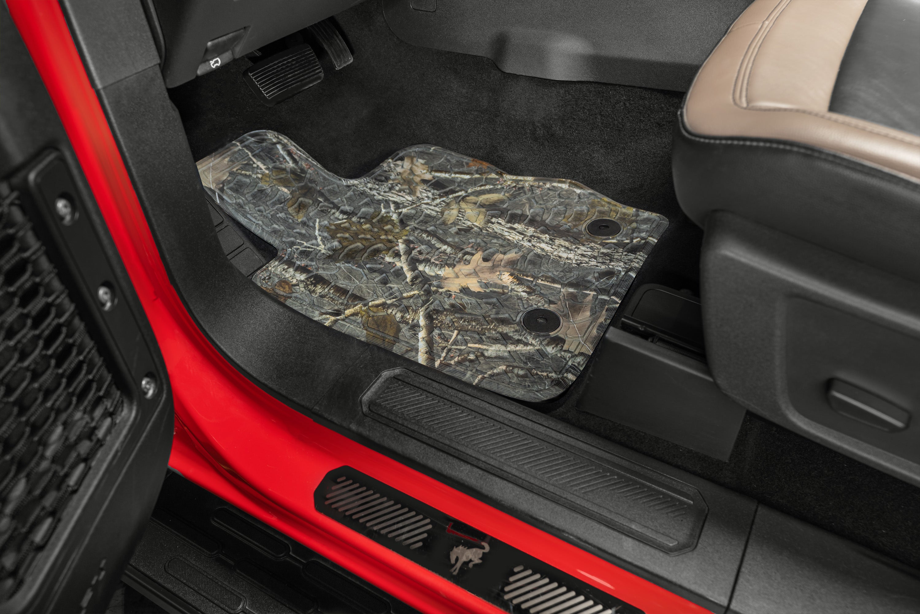 Bronco Floor Mats 21-23 Ford Bronco 2 Dr 4 Piece Tire Tread/Scorched Earth Scene - Rugged Woods FlexTread