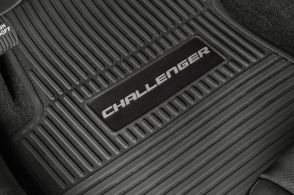 Challenger Floor Mats 11-24 Dodge Challenger RWD 4 Piece Custom Vintage Scene w/ Challenger Insert - Black w/ Dark Blue Insert FlexTread