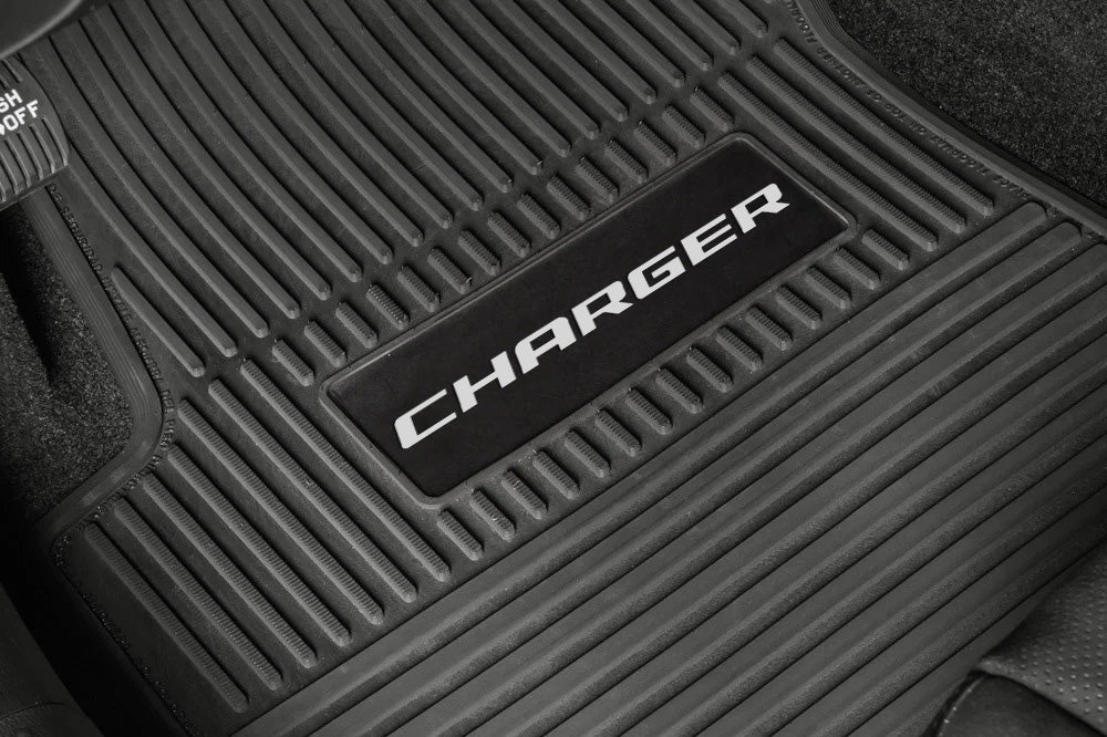 Charger Floor Mats 11-23 Dodge Charger AWD 4 Piece Custom Vintage Scene w/ Charger Insert - Black w/ Orange Insert FlexTread