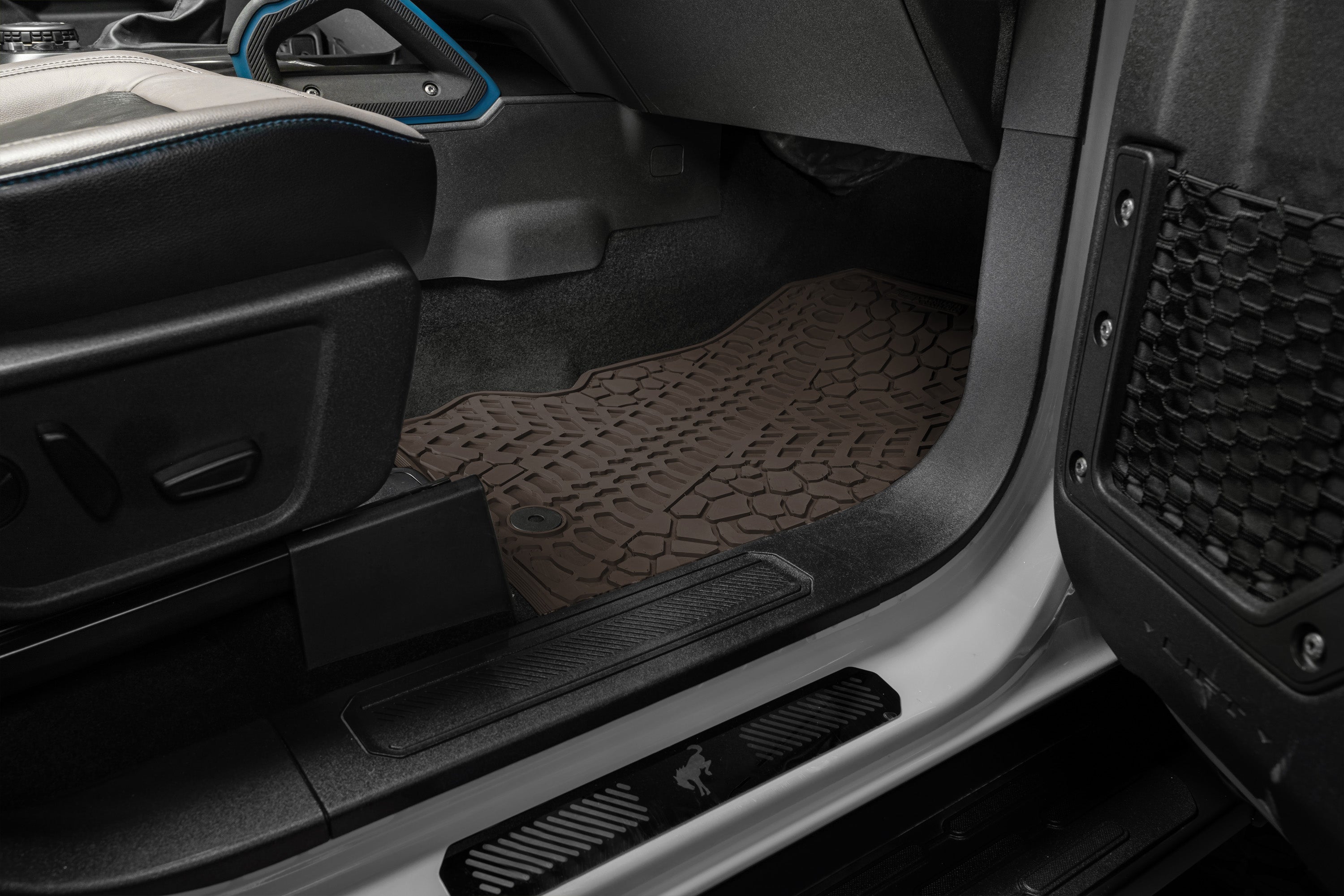 Bronco Floor Mats 21-23 Ford Bronco 2 Dr & 4 Dr 2 Piece Tire Tread/Scorched Earth Scene -Brown FlexTread