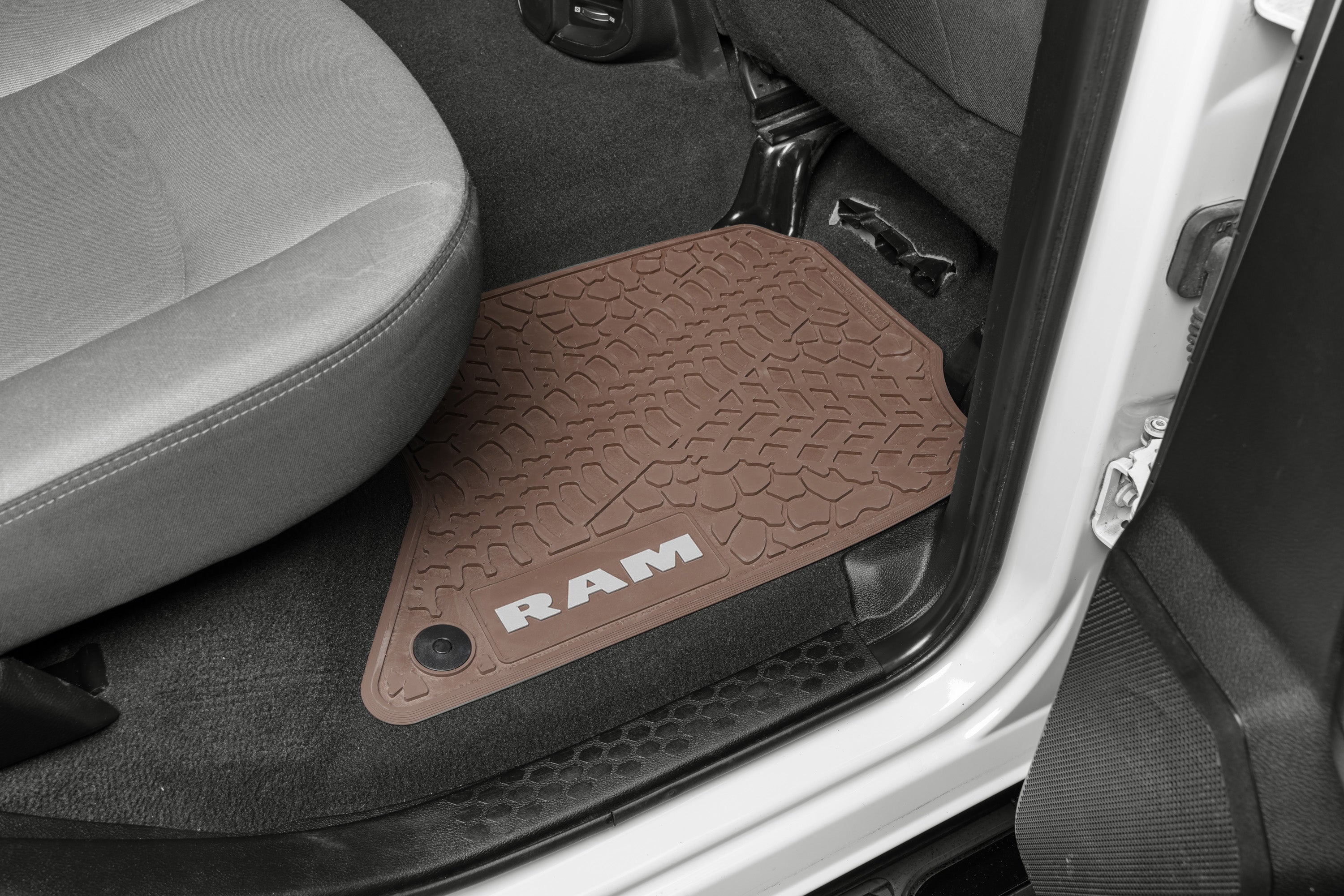 Dodge Ram Floor Mats 19-24 Dodge Ram 2500/3500 Crew Cab 4 Piece Tire Tread/Scorched Earth Scene w/ RAM Text Insert - Brown w/ Silver Insert FlexTread
