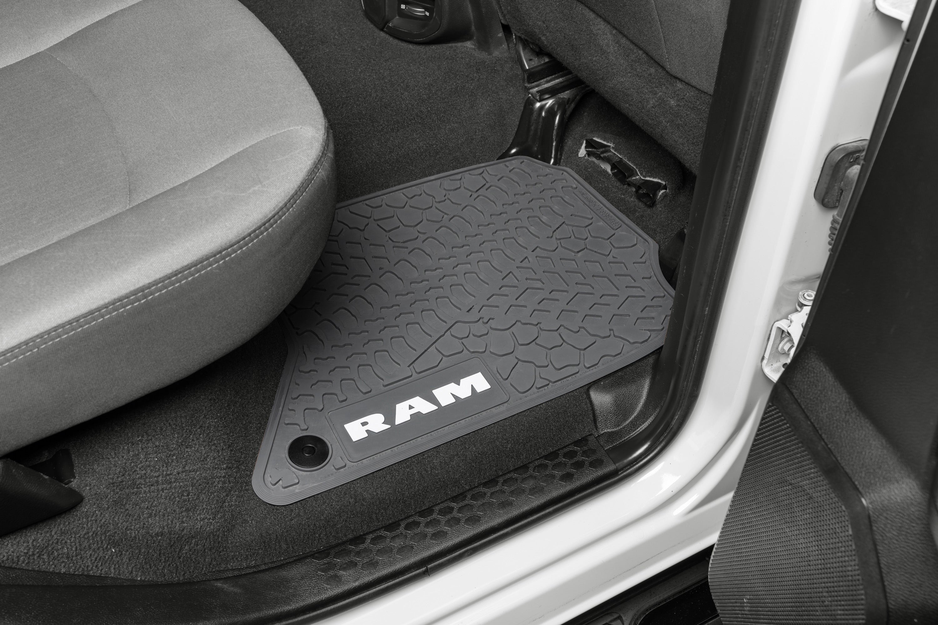 Dodge Ram Floor Mats 19-23 Dodge Ram 2500/3500 Crew Cab 4 Piece Tire Tread/Scorched Earth Scene w/ RAM Text Insert - Grey w/ Pink Insert FlexTread