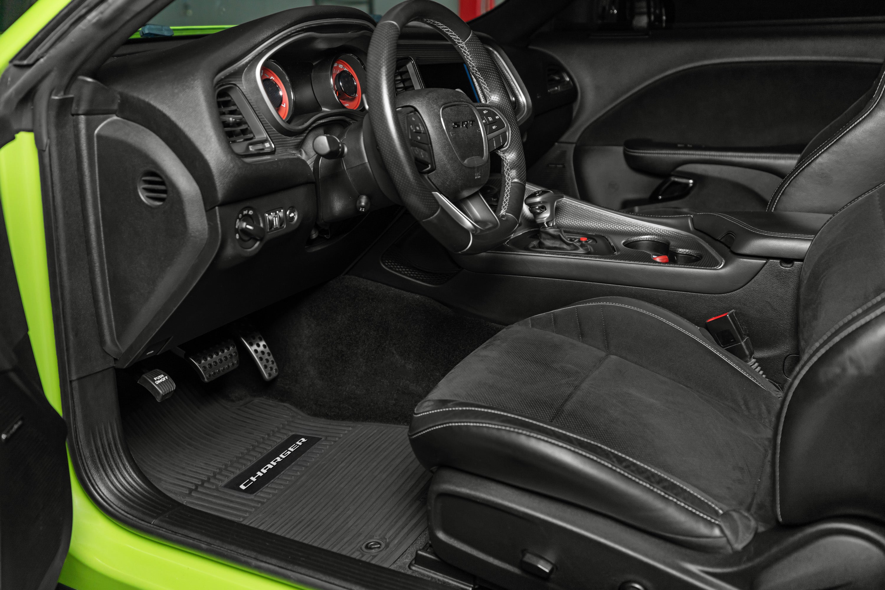 Charger Floor Mats 11-23 Dodge Charger RWD 4 Piece Custom Vintage Scene w/ Charger Insert - Black w/ Green Insert FlexTread