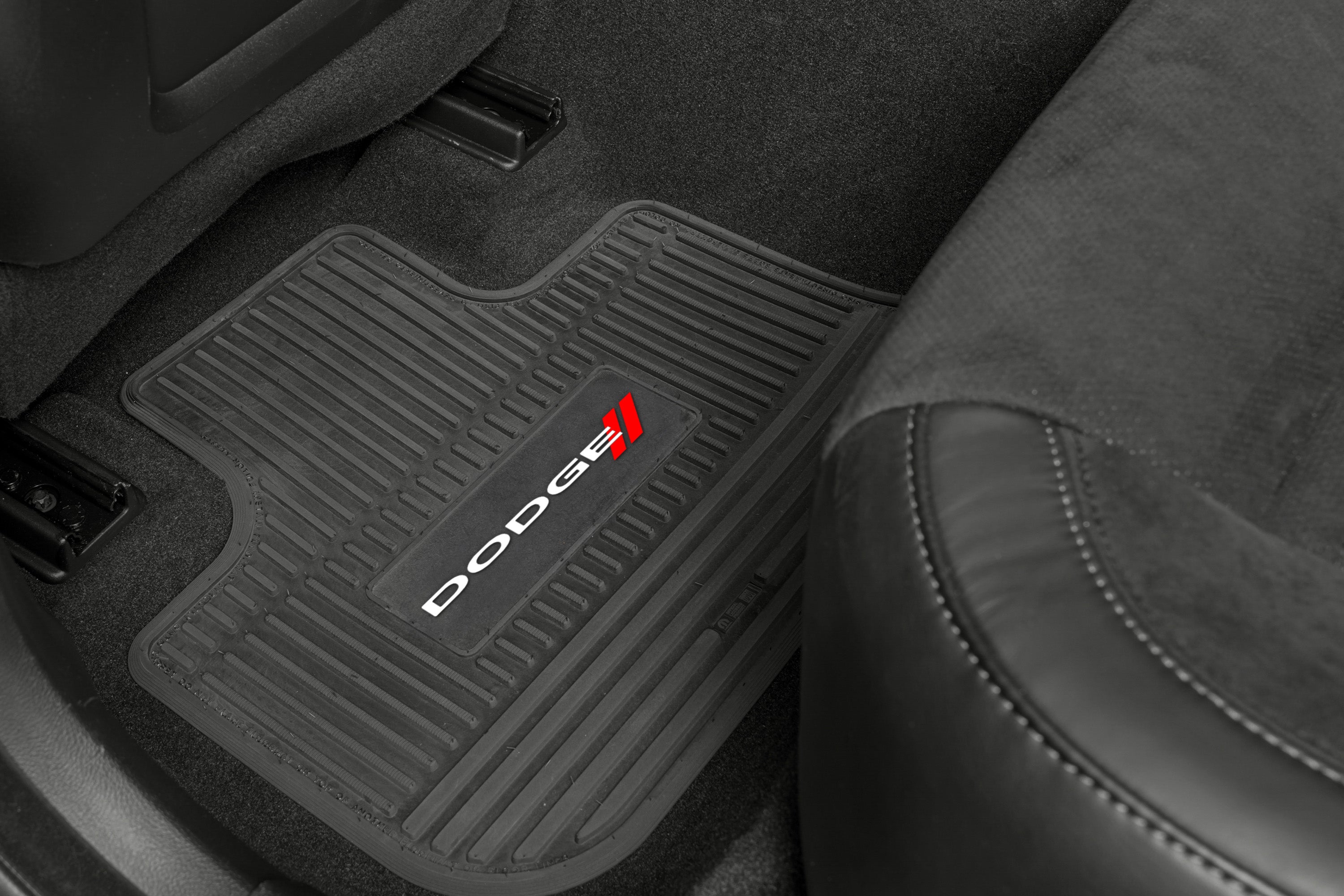 Charger Floor Mats 11-24 Dodge Charger RWD 4 Piece Custom Vintage Scene w/ Dodge w/ Stripe Insert - Black w/ White 'Dodge' and Red 'Stripes' Insert FlexTread