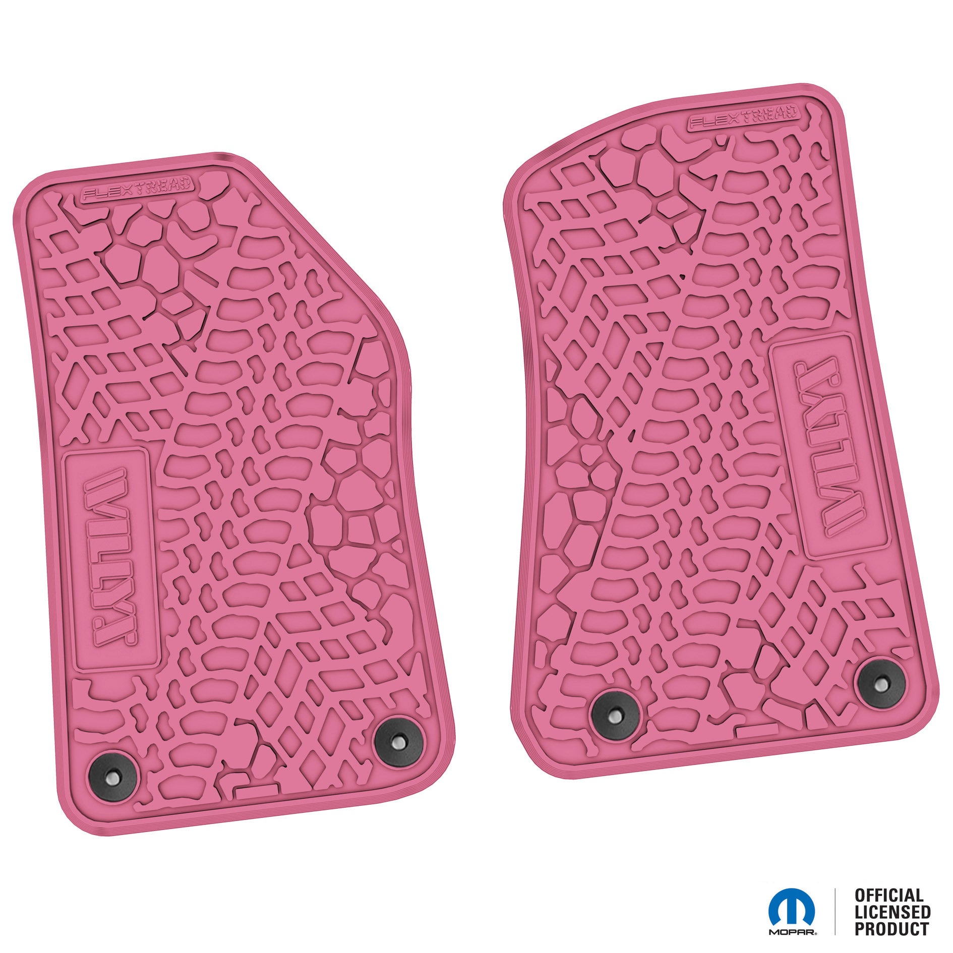 Jeep Floor Mats 18-24 Jeep Wrangler JL 2 Dr/Gladiator 2 Piece Tire Tread/Scorched Earth Scene w/ Willys Insert - Pink FlexTread