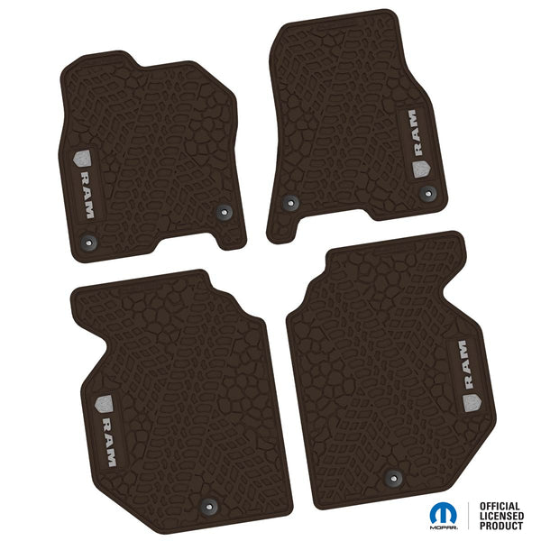 Dodge Ram Floor Mats 19-22 Dodge Ram 1500 Crew Cab 4 Piece Tire Tread/Scorched Earth Scene w/ RAM Logo & Text Insert - Brown w/ Silver Insert FlexTread