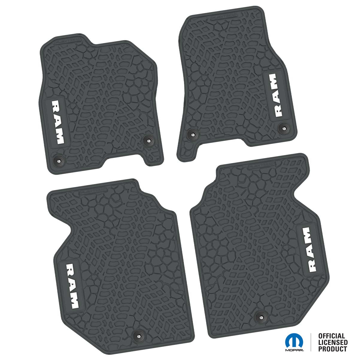 Dodge Ram Floor Mats 19-Up Dodge Ram 1500 Crew Cab 4 Piece Tire Tread/Scorched Earth Scene w/ RAM Text Insert - Grey w/ White Insert FlexTread