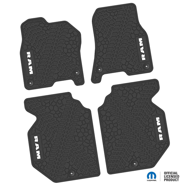 Dodge Ram Floor Mats 19-Up Dodge Ram 1500 Crew Cab 4 Piece Tire Tread/Scorched Earth Scene w/ RAM Text Insert - Black w/ White Insert FlexTread