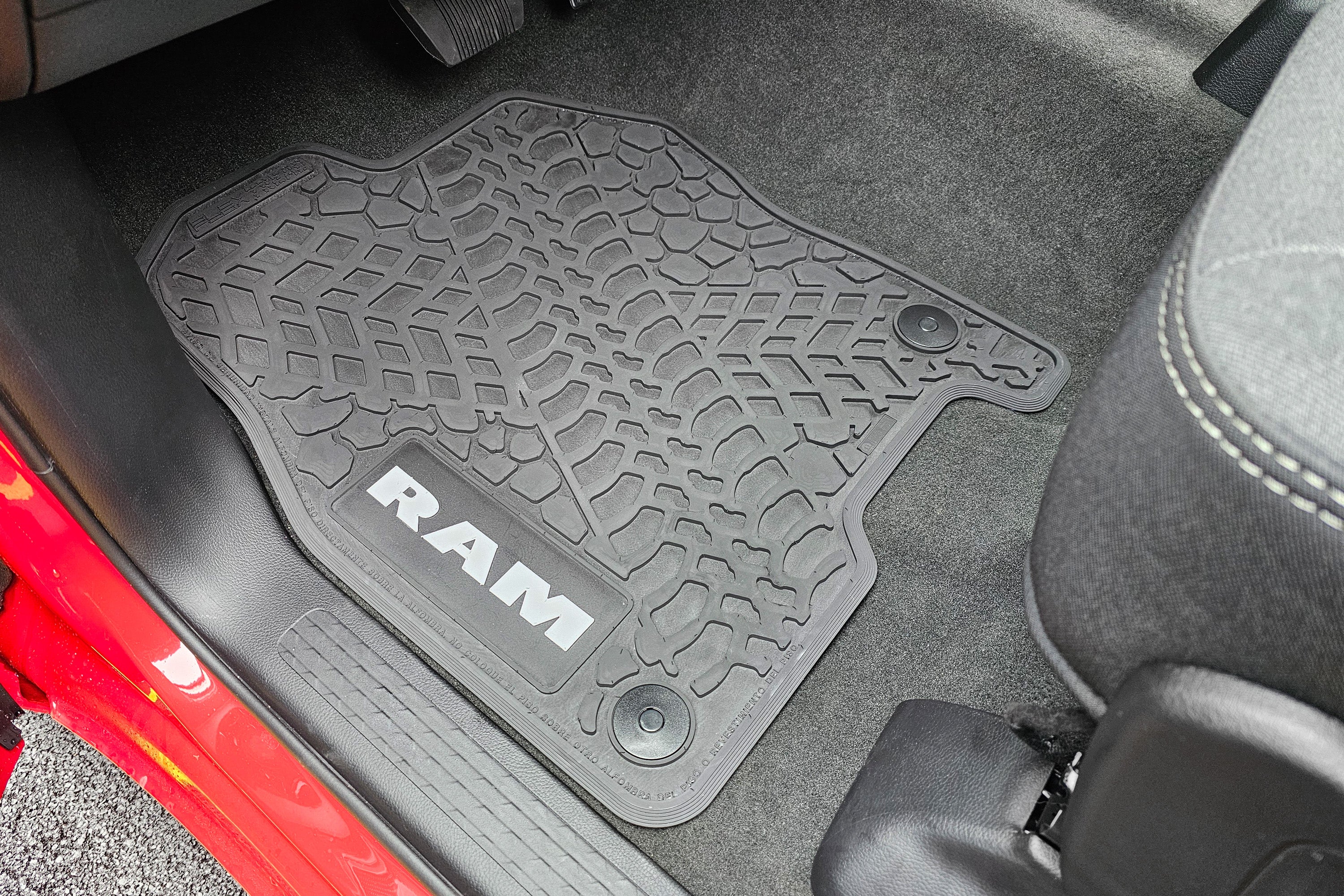 Dodge Ram Floor Mats 19-24 Dodge Ram 1500 Quad Cab 4 Piece Tire Tread/Scorched Earth Scene w/ RAM Text Insert - Black w/ Pink Insert FlexTread
