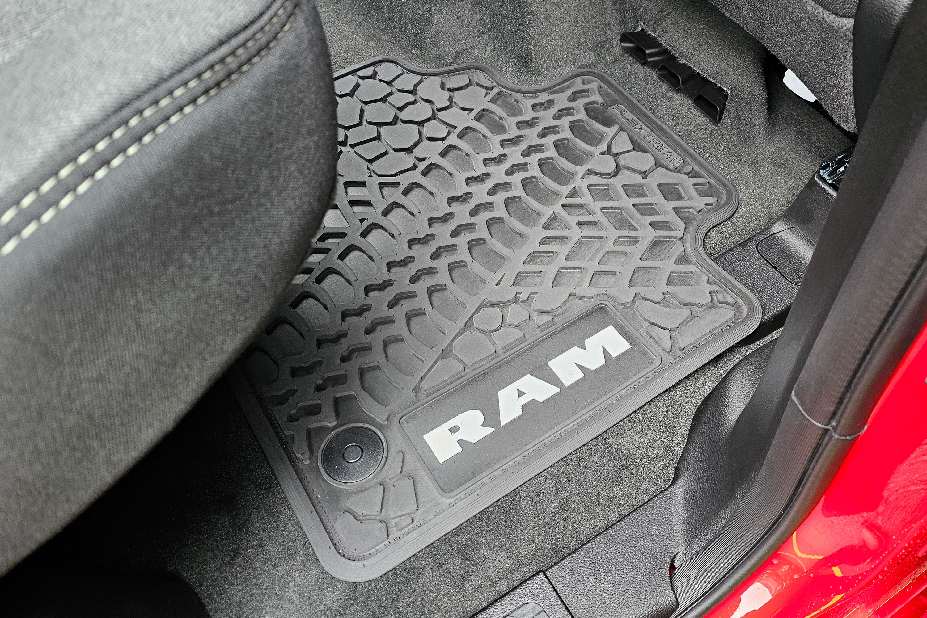 Dodge Ram Floor Mats 19-24 Dodge Ram 1500 Quad Cab 4 Piece Tire Tread/Scorched Earth Scene w/ RAM Text Insert - Black w/ Pink Insert FlexTread
