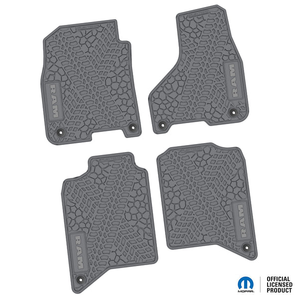 Dodge Ram Floor Mats 20-22 Dodge Ram 2500/3500 Crew Cab 4 Piece Tire Tread/Scorched Earth Scene w/ RAM Text Insert - Grey FlexTread
