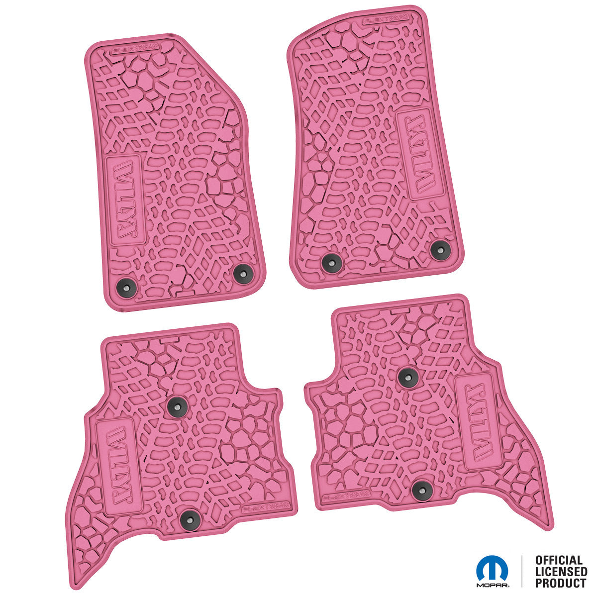 Jeep Floor Mats 21-24 Jeep 4XE 4 Piece Tire Tread/Scorched Earth Scene w/ Willys Insert - Pink FlexTread