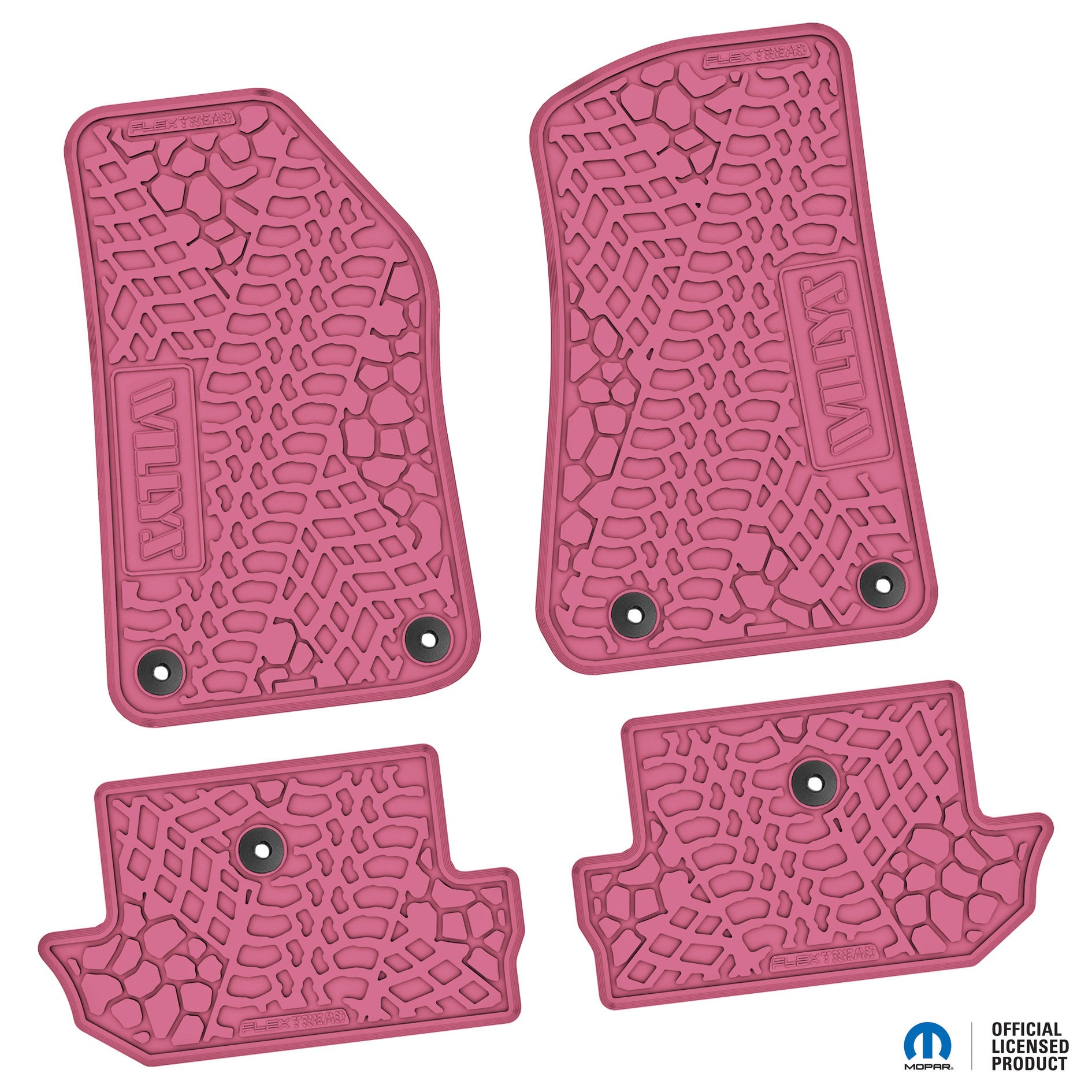 Jeep Floor Mats 18-24 Jeep Wrangler JL 2 Dr 4 Piece Tire Tread/Scorched Earth Scene w/ Willys Insert - Pink FlexTread