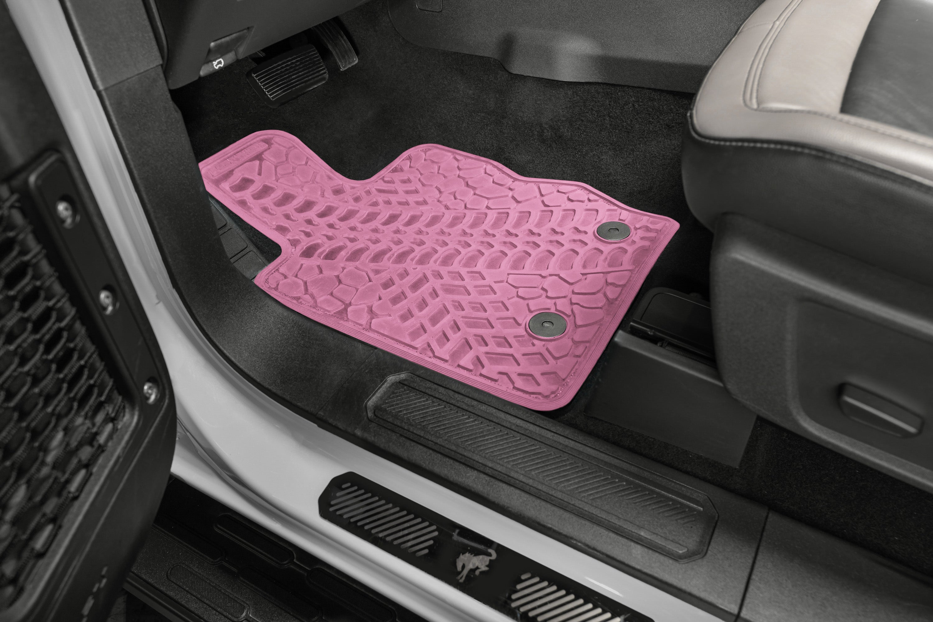 Bronco Floor Mats 21-23 Ford Bronco 2 Dr & 4 Dr 2 Piece Tire Tread/Scorched Earth Scene - Pink FlexTread