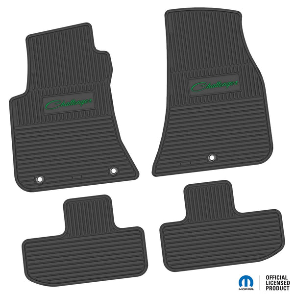Challenger Floor Mats 11-23 Dodge Challenger RWD 4 Piece Custom Vintage Scene w/ Challenger Script Insert - Black w/ Green Insert FlexTread