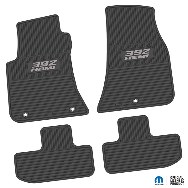 Challenger Floor Mats 11-23 Dodge Challenger RWD 4 Piece Custom Vintage Scene w/ 392 HEMI Insert - Black w/ Silver Insert FlexTread