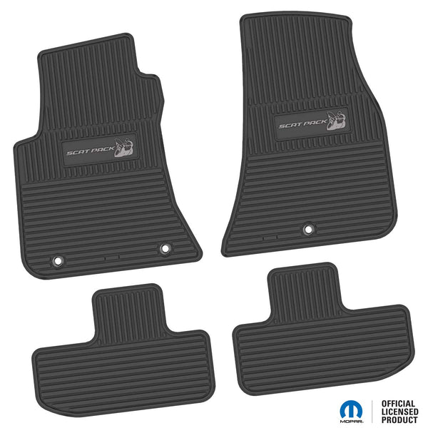 Challenger Floor Mats 11-23 Dodge Challenger RWD 4 Piece Custom Vintage Scene w/ Scat Pack Insert - Black w/ Silver Insert FlexTread