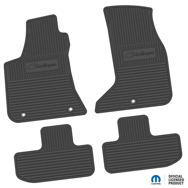 Challenger Floor Mats 17-23 Dodge Challenger AWD 4 Piece Custom Vintage Scene w/ Challenger Script Insert - Black FlexTread