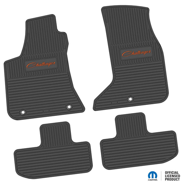 Challenger Floor Mats 17-23 Dodge Challenger AWD 4 Piece Custom Vintage Scene w/ Challenger Script Insert - Black w/ Orange Insert FlexTread