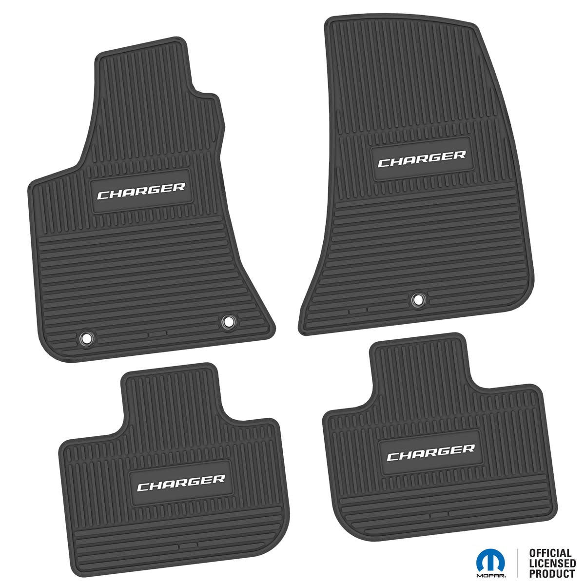 Charger Floor Mats 11-24 Dodge Charger RWD 4 Piece Custom Vintage Scene w/ Charger Insert - Black w/ White Insert FlexTread