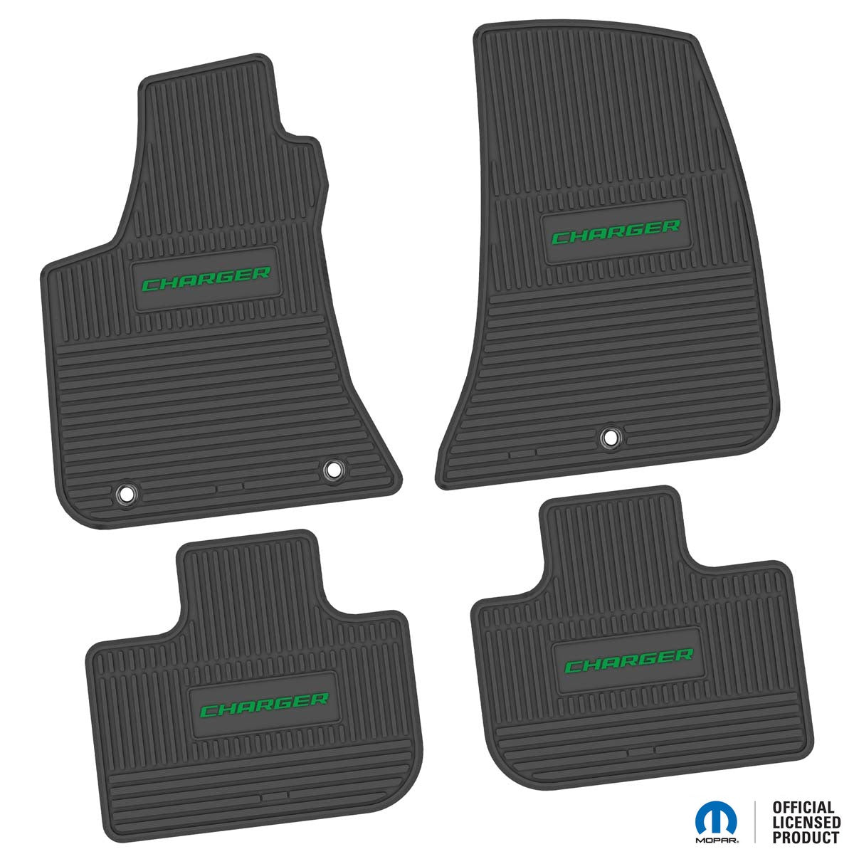 Charger Floor Mats 11-23 Dodge Charger RWD 4 Piece Custom Vintage Scene w/ Charger Insert - Black w/ Green Insert FlexTread