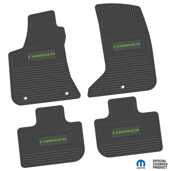 Charger Floor Mats 11-23 Dodge Charger AWD 4 Piece Custom Vintage Scene w/ Charger Insert - Black w/ Lime Insert FlexTread