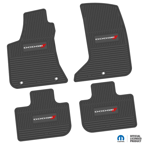 Charger Floor Mats 11-23 Dodge Charger AWD 4 Piece Custom Vintage Scene w/ Dodge w/ Stripe Insert - Black w/ White 'Dodge' and Red 'Stripes' Insert FlexTread