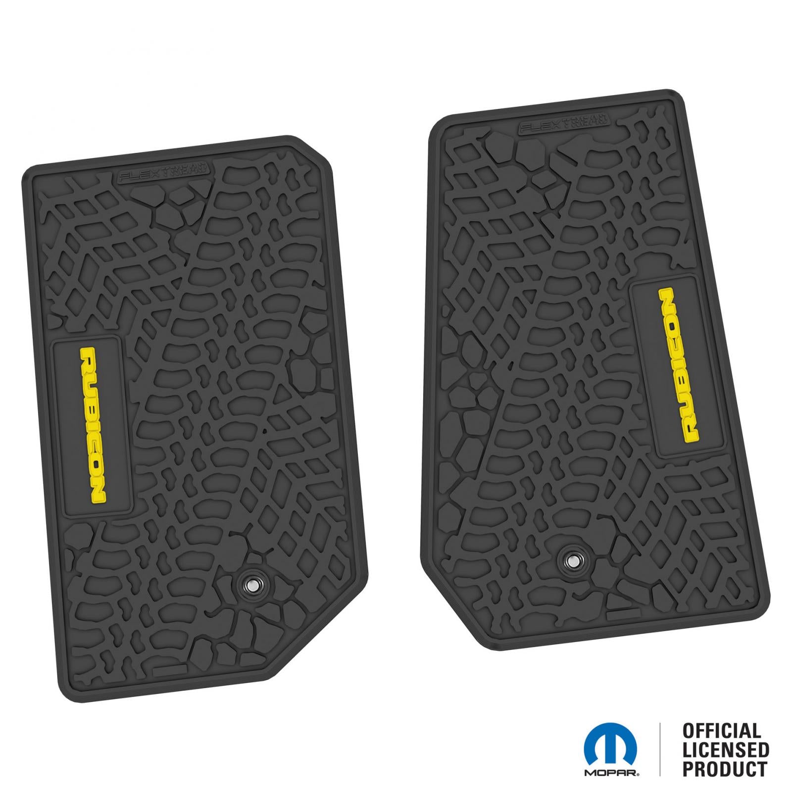 Jeep Floor Mats 07-13 Jeep Wrangler JK 2 Dr 2 Piece Tire Tread/Scorched Earth Scene w/ Rubicon Insert - Black w/ Yellow Insert FlexTread