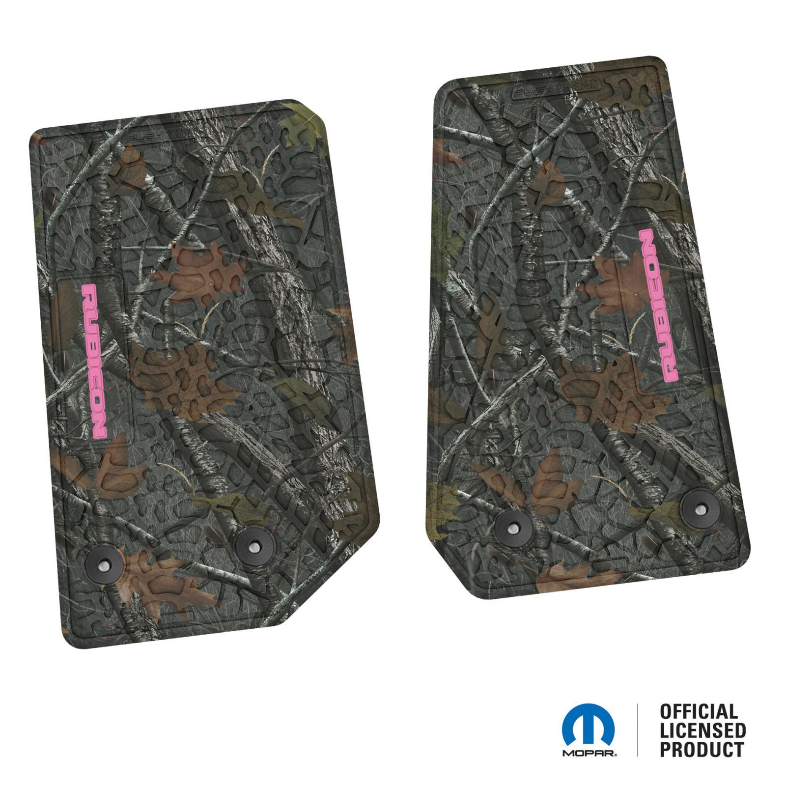 Jeep Floor Mats 14-18 Jeep Wrangler JK 2 Dr 2 Piece Tire Tread/Scorched Earth Scene w/ Rubicon Insert - Rugged Woods w/ Pink insert FlexTread