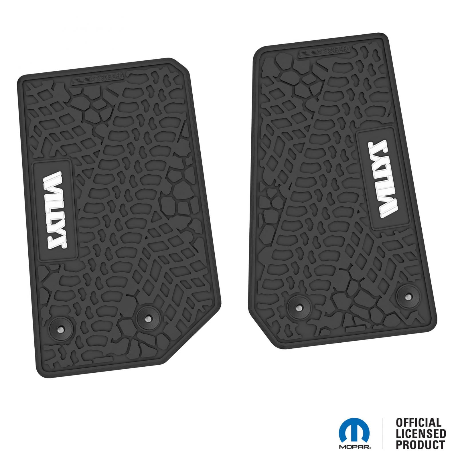 Jeep Floor Mats 14-18 Jeep Wrangler JK 2 Dr 2 Piece Tire Tread/Scorched Earth Scene w/ Willys Insert - Black w/ White Insert FlexTread