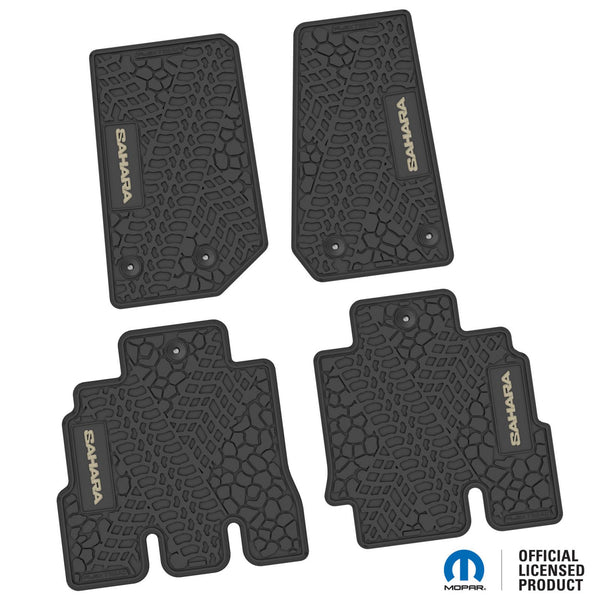 Jeep Floor Mats 14-18 Jeep Wrangler JKU 4 Dr 4 Piece Tire Tread/Scorched Earth Scene w/ Sahara Insert - Black w/ Tan Insert FlexTread