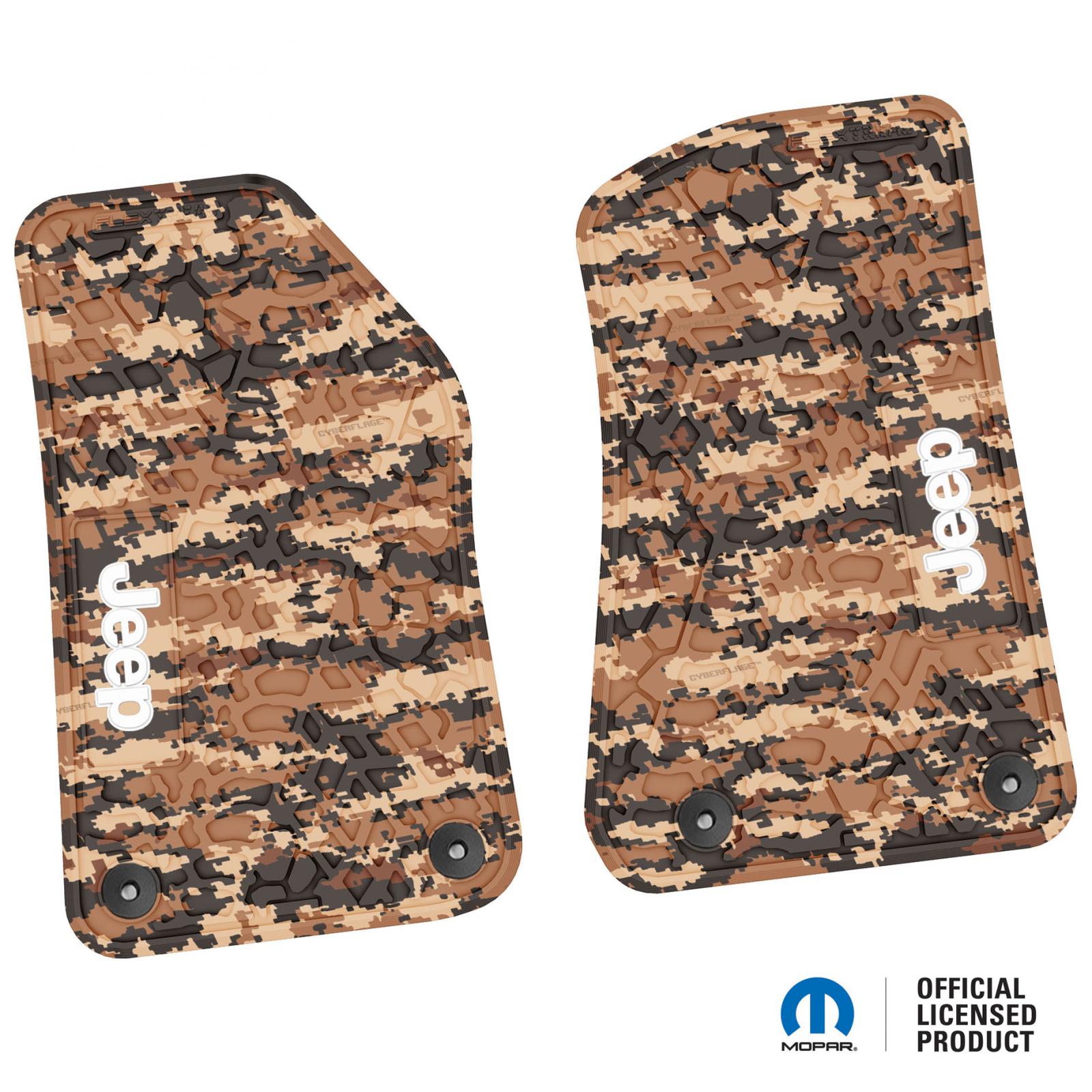 Jeep Floor Mats 18-22 Jeep Wrangler JL 2 Dr/Gladiator 2 Piece Tire Tread/Scorched Earth Scene w/ Jeep Insert - Cyberflage w/ White Insert FlexTread
