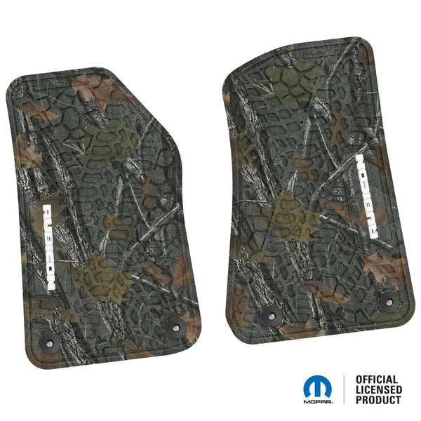 Jeep Floor Mats 18-22 Jeep Wrangler JL 2 Dr/Gladiator 2 Piece Tire Tread/Scorched Earth Scene w/ Rubicon Insert - Rugged Woods w/ White insert FlexTread