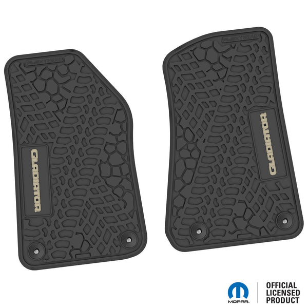 Jeep Floor Mats 18-22 Jeep Wrangler JL 2 Dr/Gladiator 2 Piece Tire Tread/Scorched Earth Scene w/ Gladiator Insert - Black w/ Tan Insert FlexTread