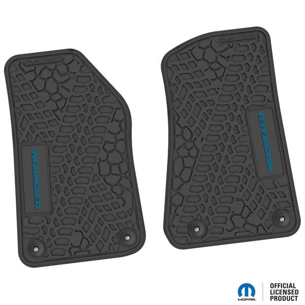 Jeep Floor Mats 18-22 Jeep Wrangler JL 2 Dr 2 Piece Tire Tread/Scorched Earth Scene w/ Wrangler Insert - Black w/ Dark Blue Insert FlexTread