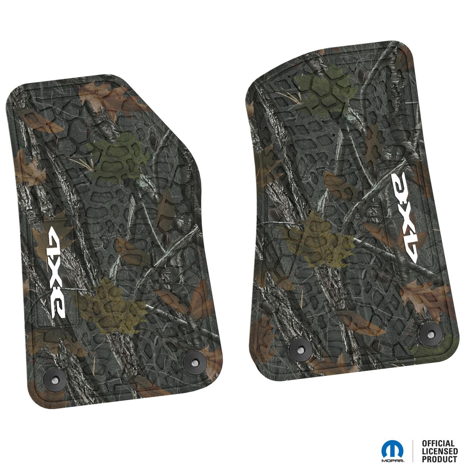 Jeep Floor Mats 18-23 Jeep Wrangler JL 2 Dr 2 Piece Tire Tread/Scorched Earth Scene w/ 4xe Insert - Rugged Woods w/ White insert FlexTread