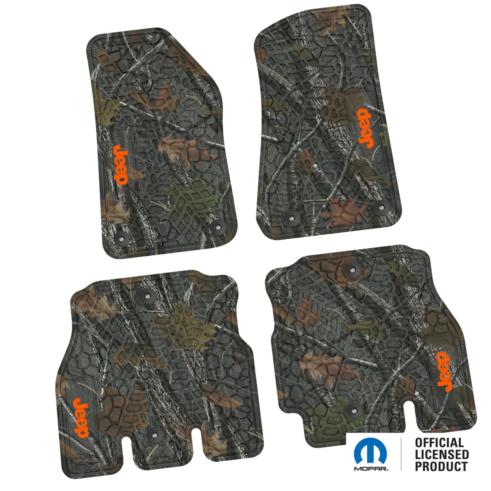 Jeep Floor Mats 18-22 Jeep Wrangler JLU 4 Dr 4 Piece Tire Tread/Scorched Earth Scene w/ Jeep Insert - Rugged Woods w/ Orange insert FlexTread
