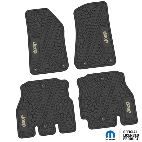 Jeep Floor Mats 18-22 Jeep Wrangler JLU 4 Dr 4 Piece Tire Tread/Scorched Earth Scene w/ Jeep Insert - Black w/ Tan Insert FlexTread