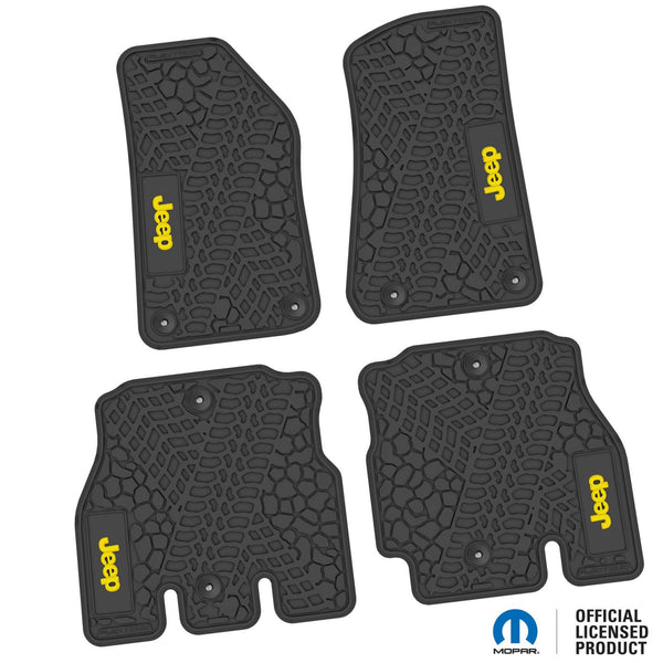 Jeep Floor Mats 18-22 Jeep Wrangler JLU 4 Dr 4 Piece Tire Tread/Scorched Earth Scene w/ Jeep Insert - Black w/ Yellow Insert FlexTread