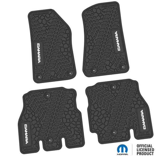 Jeep Floor Mats 18-22 Jeep Wrangler JLU 4 Dr 4 Piece Tire Tread/Scorched Earth Scene w/ Sahara Insert - Black w/ White Insert FlexTread