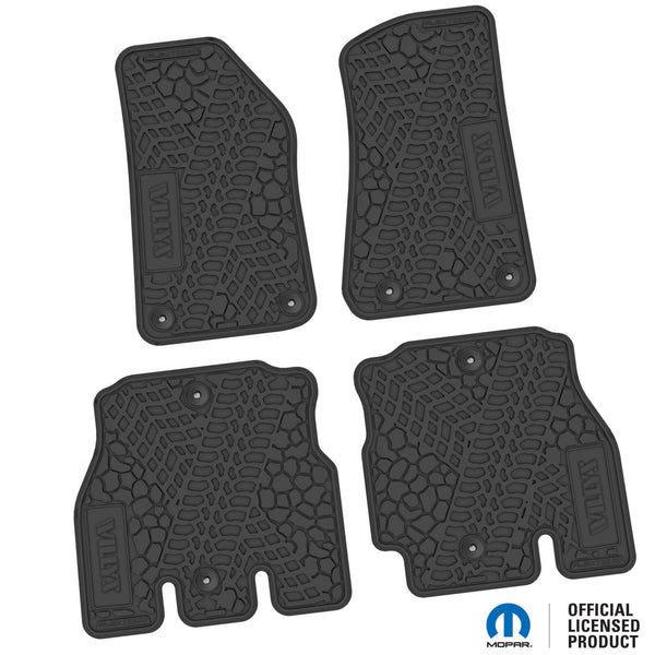 Jeep Floor Mats 18-22 Jeep Wrangler JLU 4 Dr 4 Piece Tire Tread/Scorched Earth Scene w/ Willys Insert - Black FlexTread