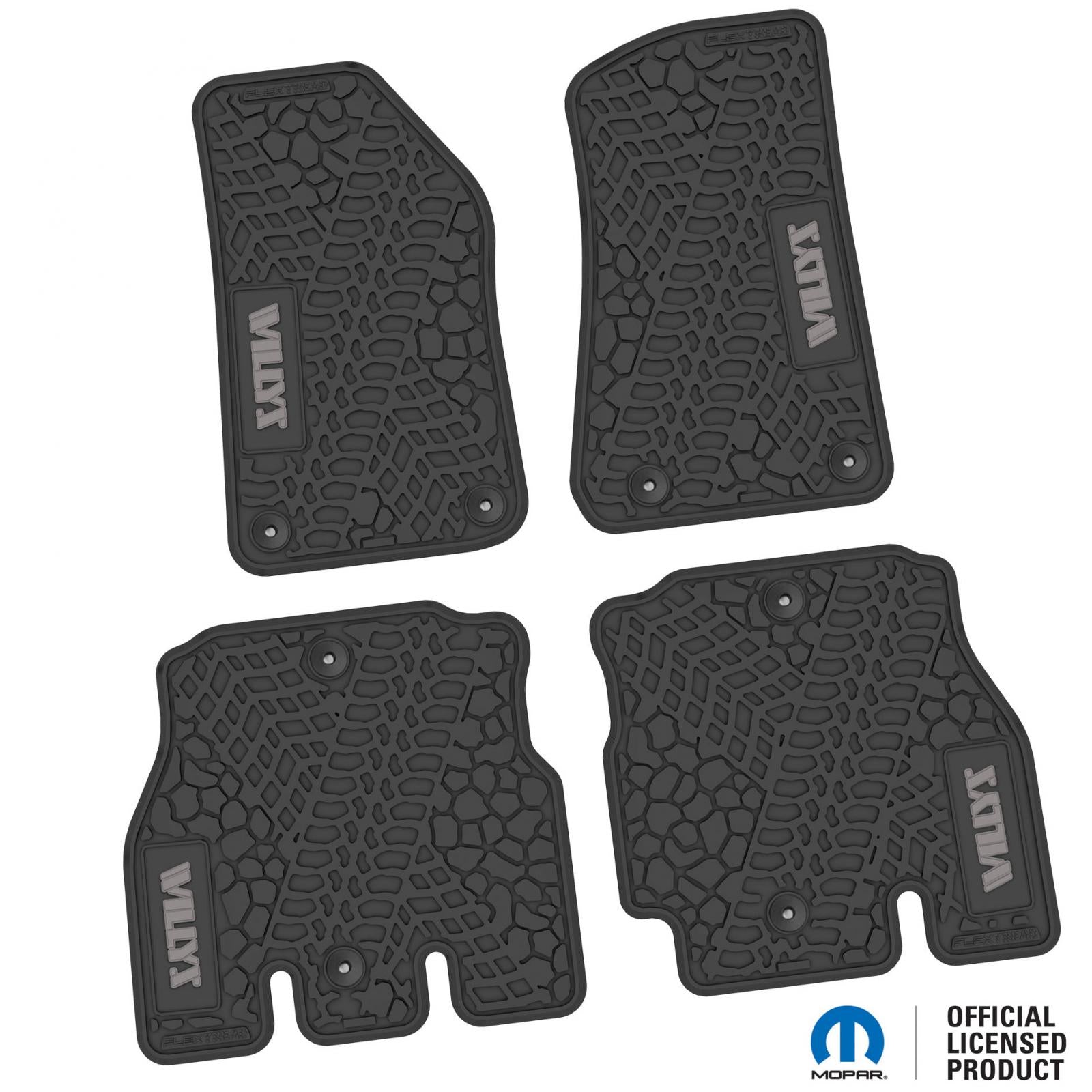 Jeep Floor Mats 18-22 Jeep Wrangler JLU 4 Dr 4 Piece Tire Tread/Scorched Earth Scene w/ Willys Insert - Black w/ Silver Insert FlexTread
