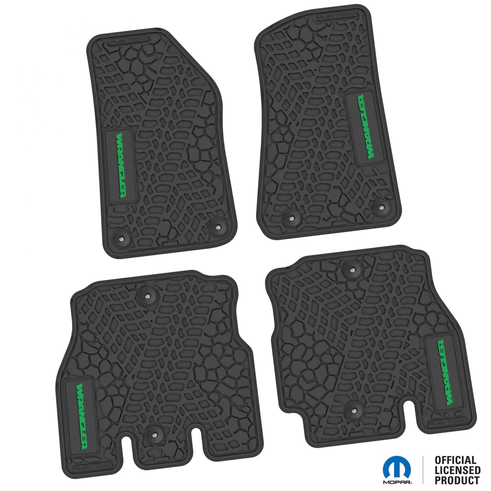 Jeep Floor Mats 18-22 Jeep Wrangler JLU 4 Dr 4 Piece Tire Tread/Scorched Earth Scene w/ Wrangler Insert - Black w/ Green Insert FlexTread