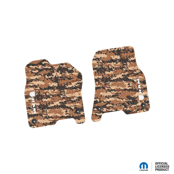 Dodge Ram Floor Mats 19-Up Dodge Ram 1500 2 Piece Tire Tread/Scorched Earth Scene w/ RAM Logo & Text Insert - Cyberflage w/ White Insert FlexTread