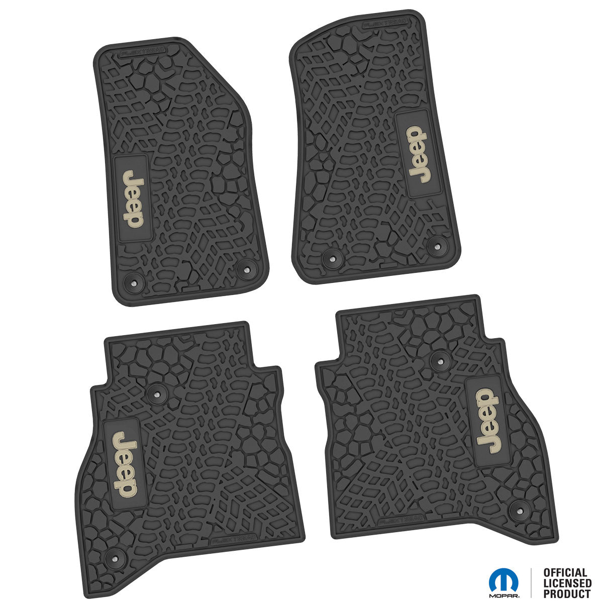 Jeep Floor Mats 20-22 Jeep Gladiator 4 Piece Tire Tread/Scorched Earth Scene w/ Jeep Insert - Black w/ Tan Insert FlexTread