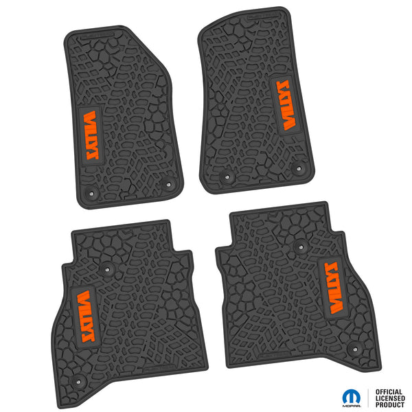 Jeep Floor Mats 20-22 Jeep Gladiator 4 Piece Tire Tread/Scorched Earth Scene w/ Willys Insert - Black w/ Orange Insert FlexTread