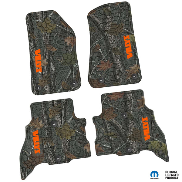 Jeep Floor Mats 21-23 Jeep 4XE 4 Piece Tire Tread/Scorched Earth Scene w/ Willys Insert - Rugged Woods w/ Orange insert FlexTread