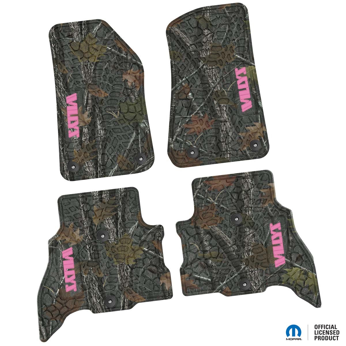 Jeep Floor Mats 21-23 Jeep 4XE 4 Piece Tire Tread/Scorched Earth Scene w/ Willys Insert - Rugged Woods w/ Pink insert FlexTread